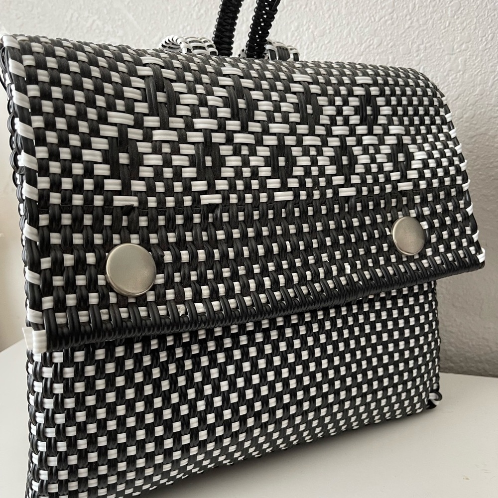 Black & White Handwoven Plastic Backpack Tote